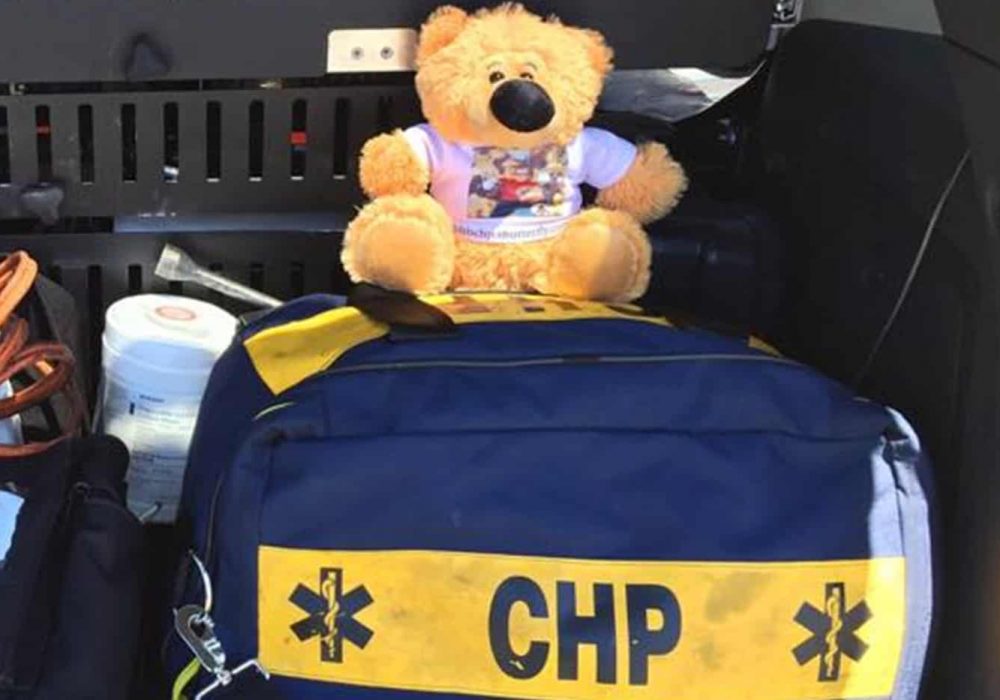 Teddy Bears in CHP 1st responder vehicles